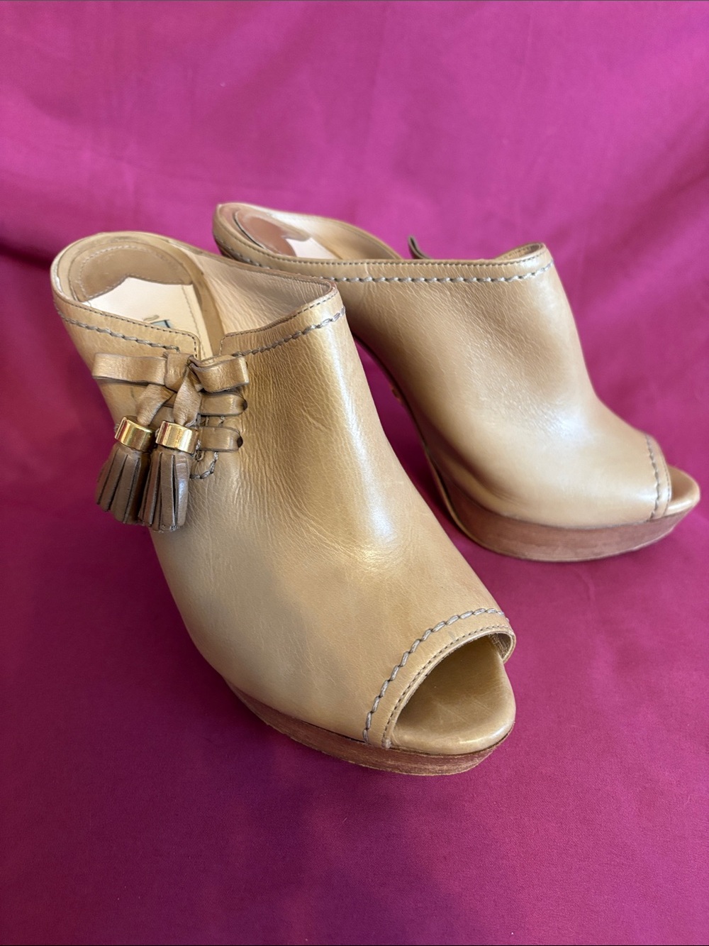 Prada Tan Leather Peep-Toe Mules with Tassel Accent